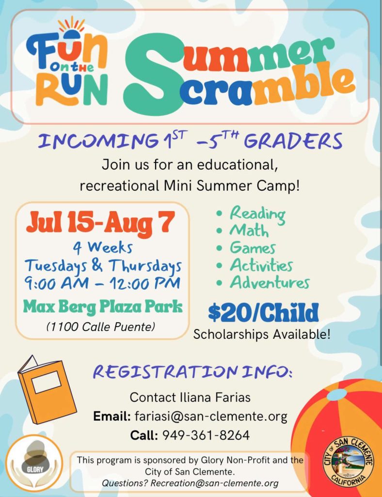 Join us for an educational, recreational Mini Summer Camp! sponsored by Glory Non-Profit and the City of San Clemente